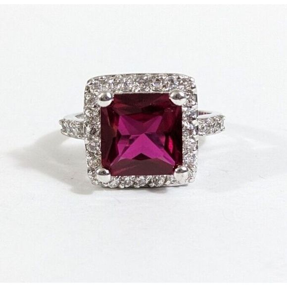Size 9.25 - Pink Red Cubic Zirconia Square Cocktail Ring - Simulated gemstone - Picture 2 of 8